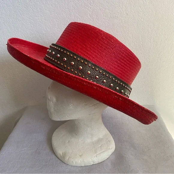 Custom Hat Vintage Fiesta Santa Barbara Red Sunhat w Custom Studded Leather Band - Picture 1 of 7